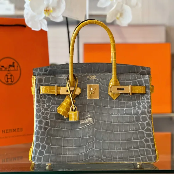 Hermès Birkin 30 Gray/Gold Crocodile Leather Gold Hardware – Custom Made Bag product photo