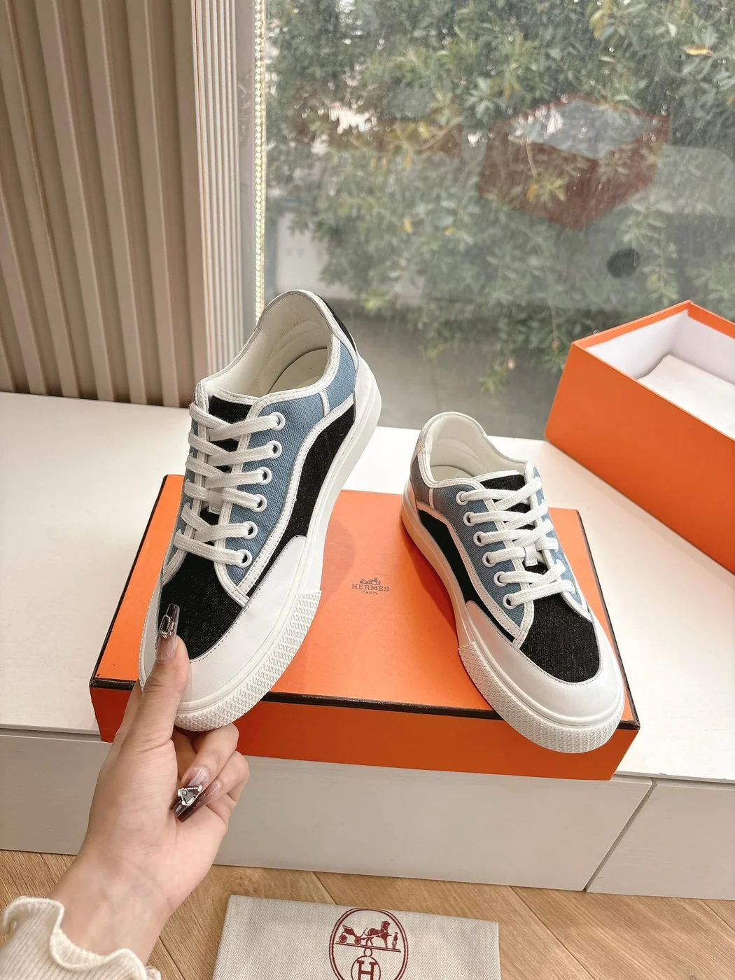Hermès Women Black Blue Canvas And Leather Sneakers product view 6