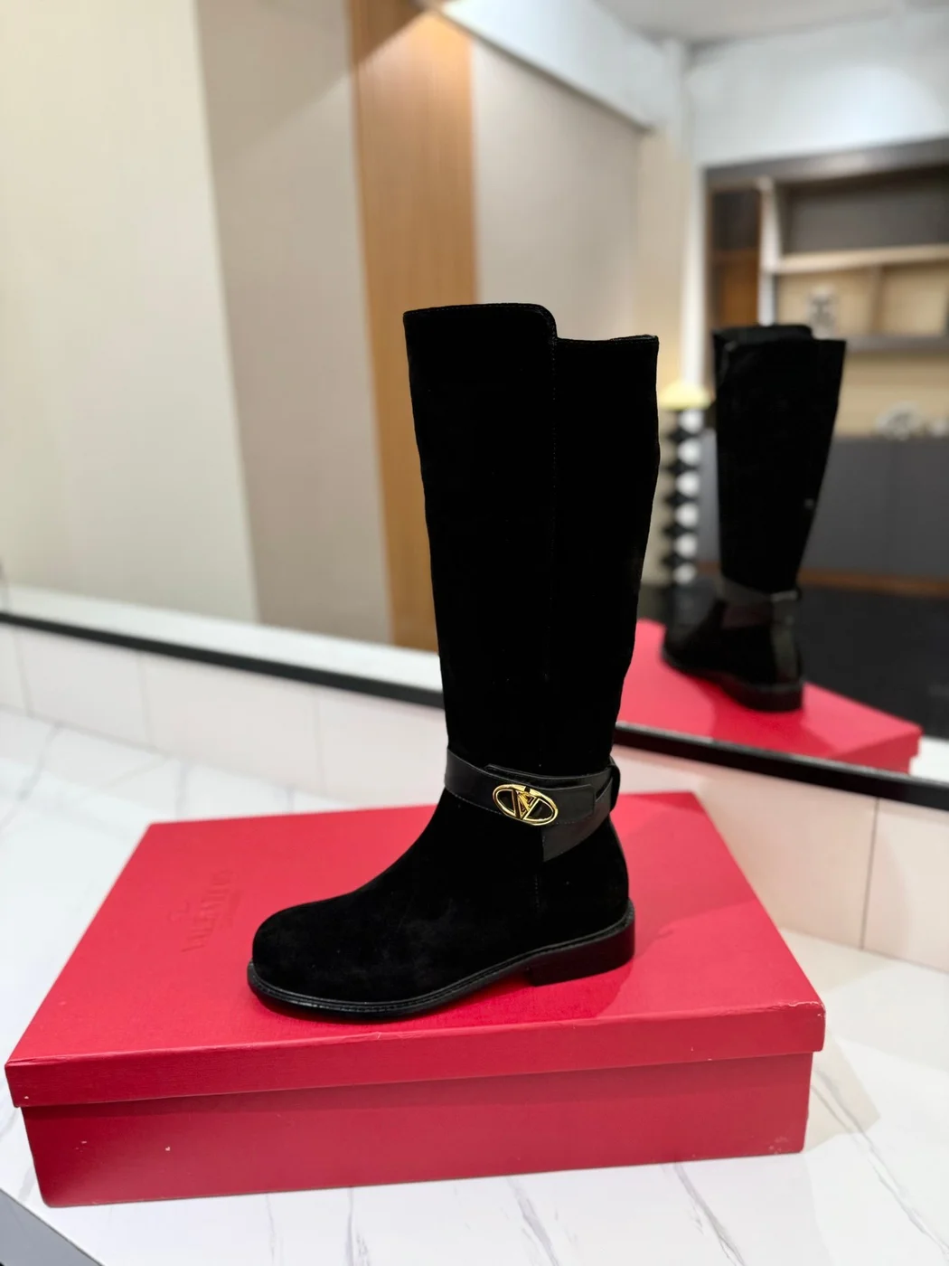 Valentino Women Black Suede Strap Boots — Knee Height product view 5