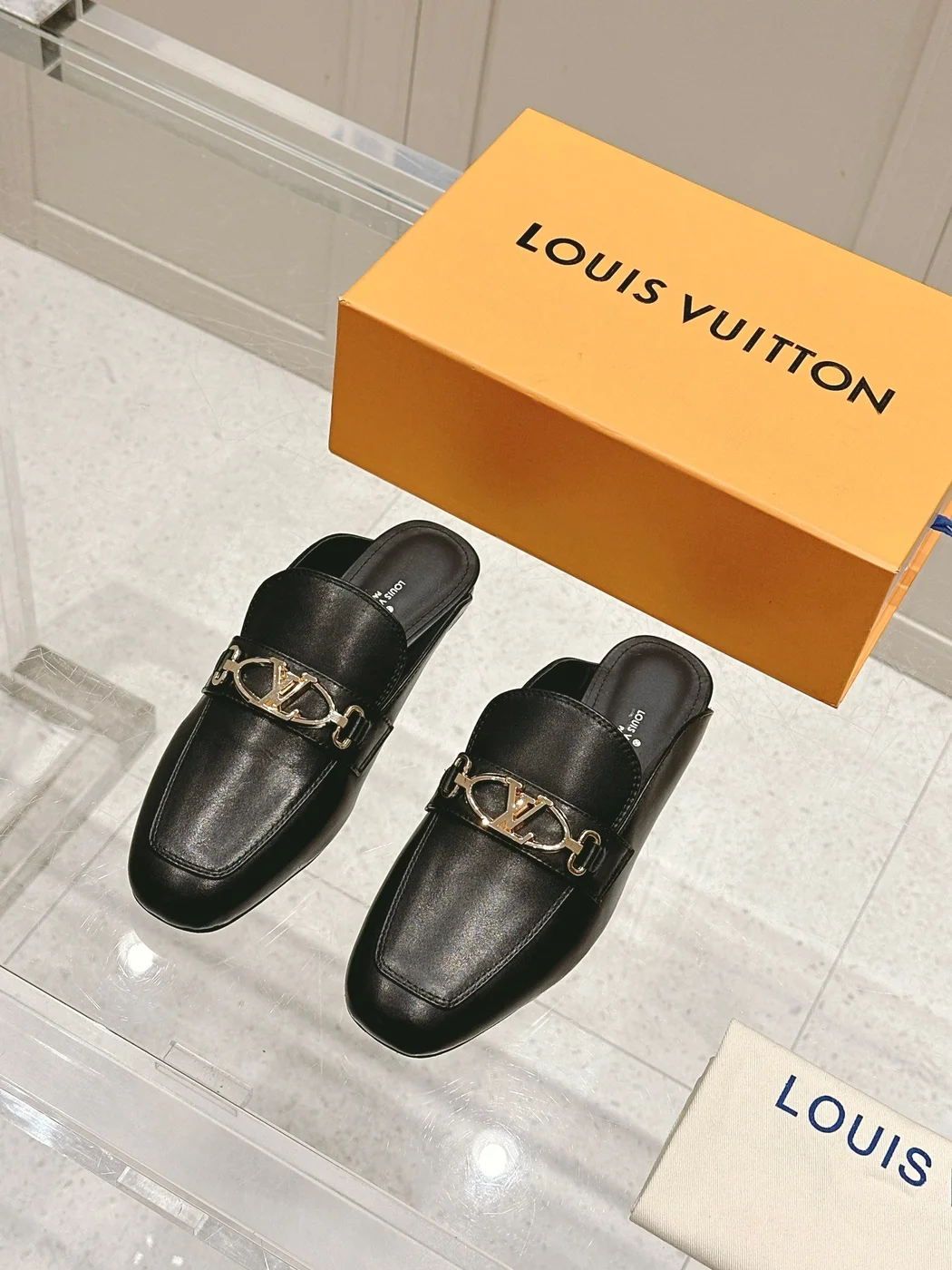 Louis Vuitton Women Black Leather Slip-On Mules product view 1