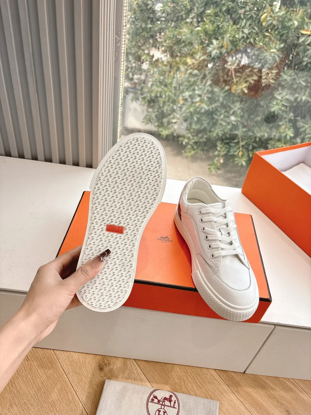 Hermès Women White Low-Top Sneakers — Plain Lace-Up Style product view 2