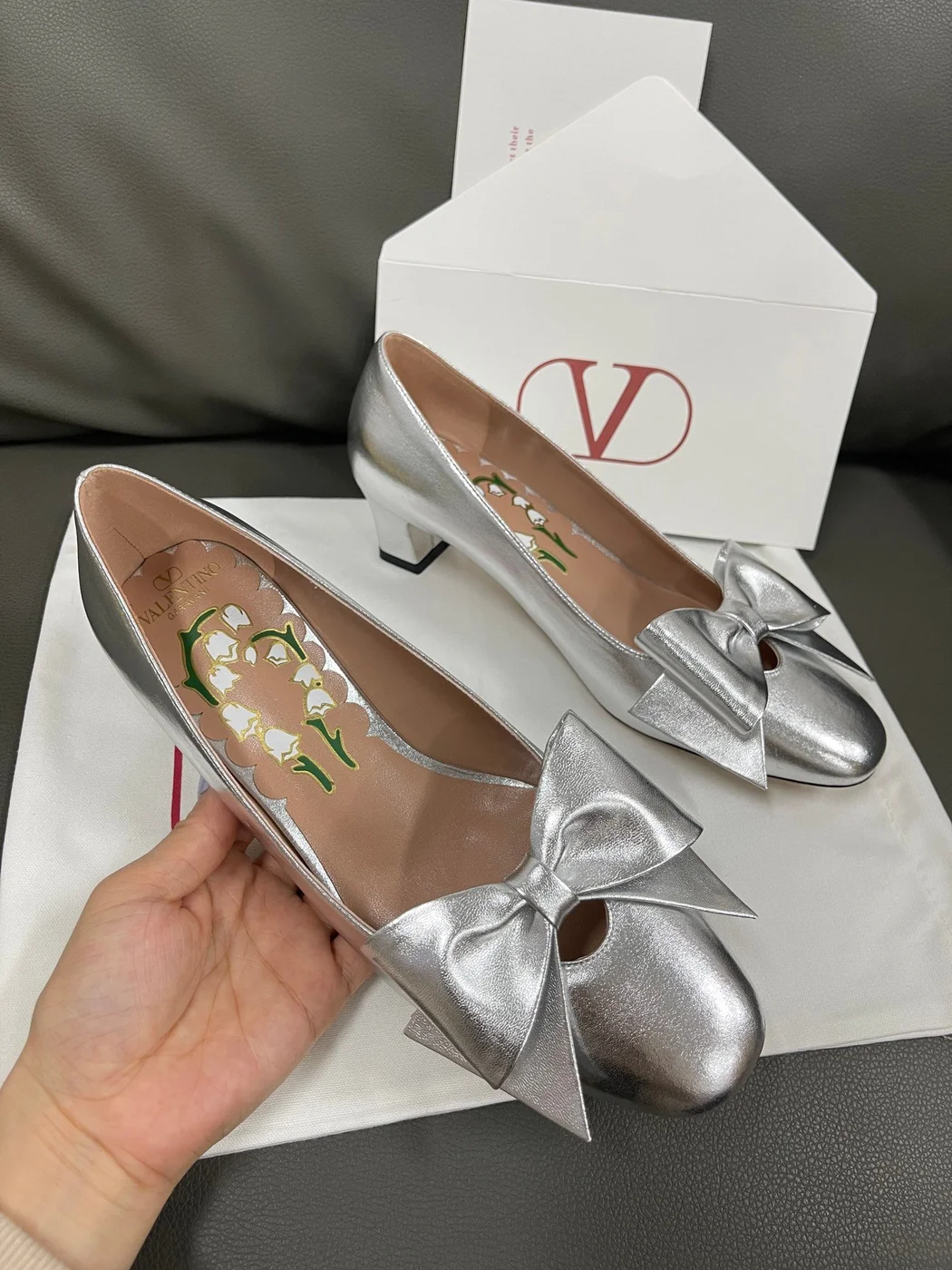 Valentino Women Silver Leather Bow Detail Flats product view 5