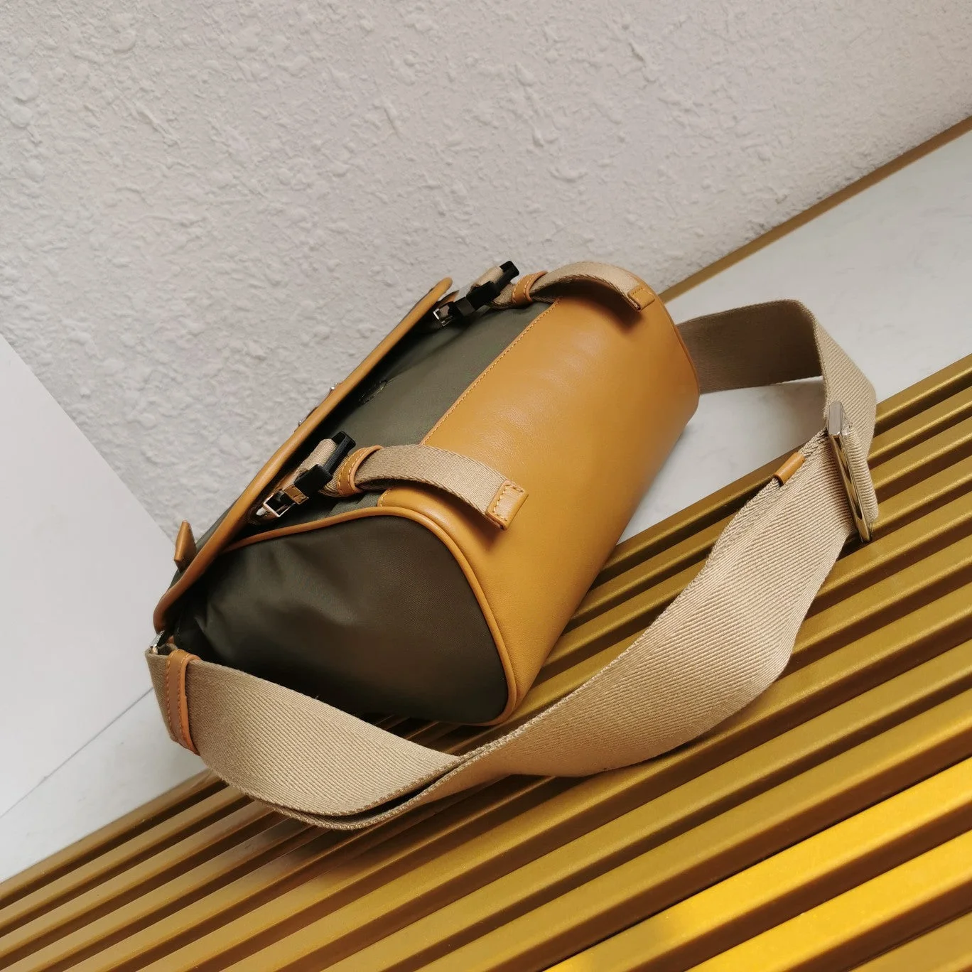 Prada Messenger Bag 20 In Khaki Green Re-Nylon And Brown Calfskin Trim product view 3