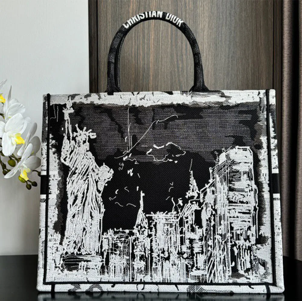 Dior Medium Book Tote — Black and White Landscape Pattern product view 5