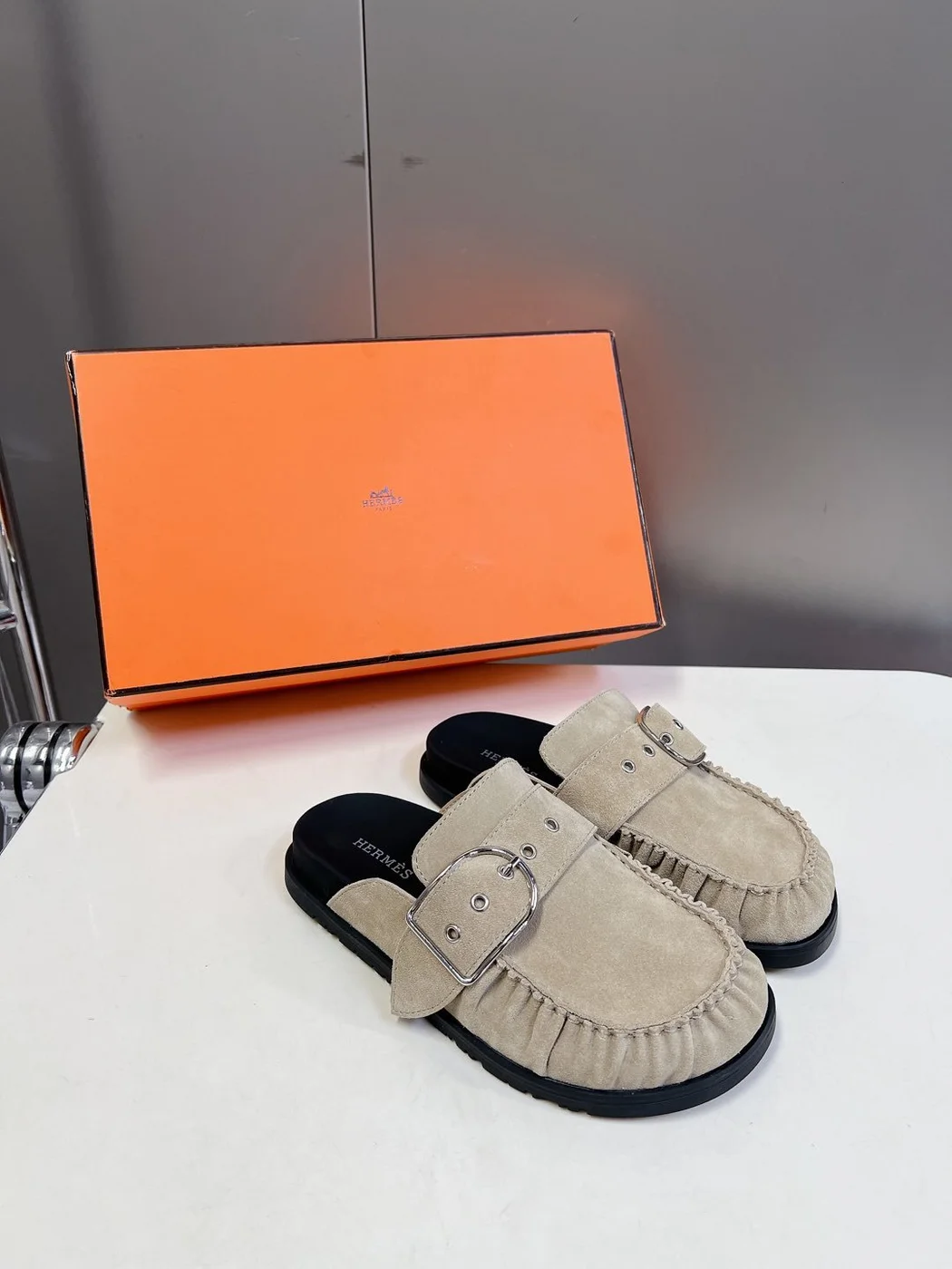 Hermès Women Suede Buckle Mules — Taupe product view 5