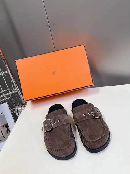 Hermès Women Brown Suede Buckle Mules product photo