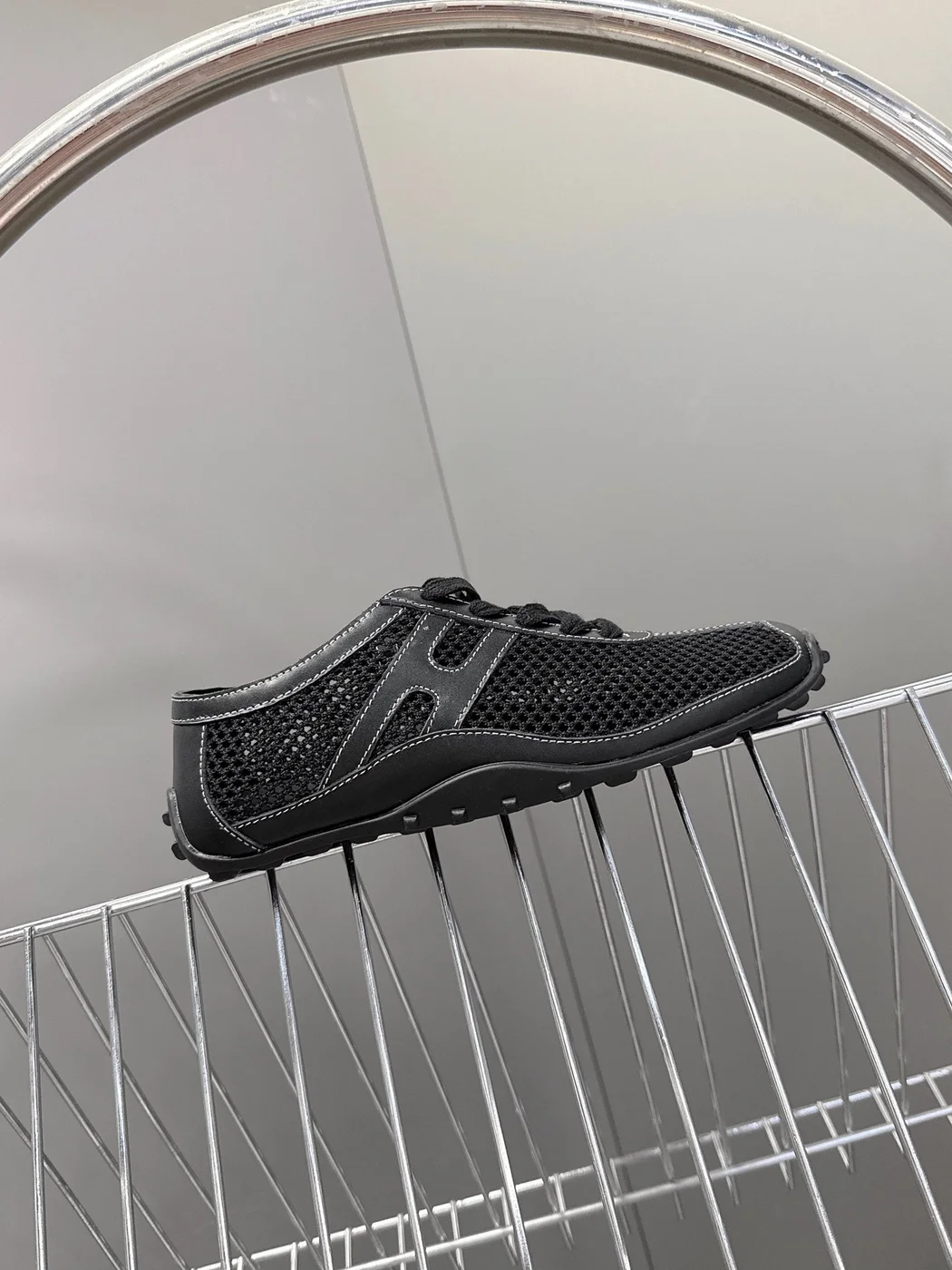 Hermès Women Black Mesh Leather Sneakers product view 6