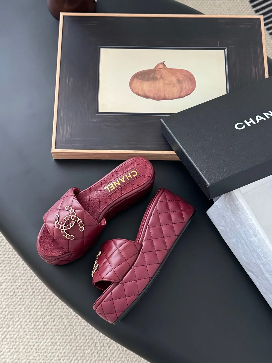 Chanel Women Burgundy Quilted Leather Slides — Chain-Woven CC Detail product view 3