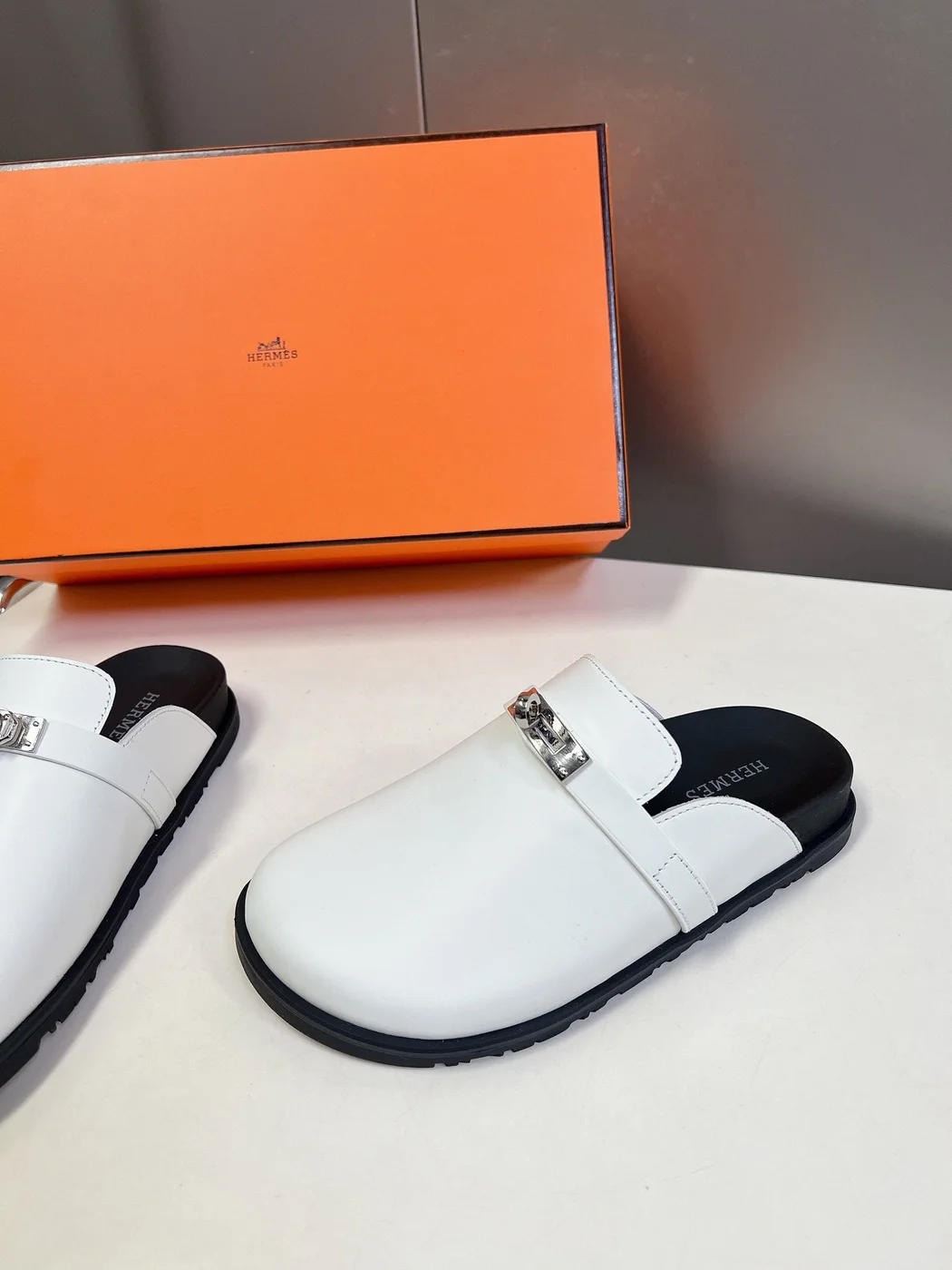 Hermès Women White Leather Mules — Rounded Toe with Black Sole product view 6