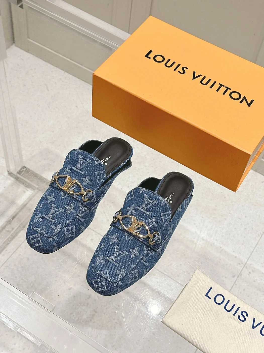 Louis Vuitton Women Blue Denim Leather Mules product view 1
