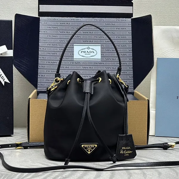 Prada Bucket Bag 19 In Black Re-Nylon And Calfskin Handle product photo