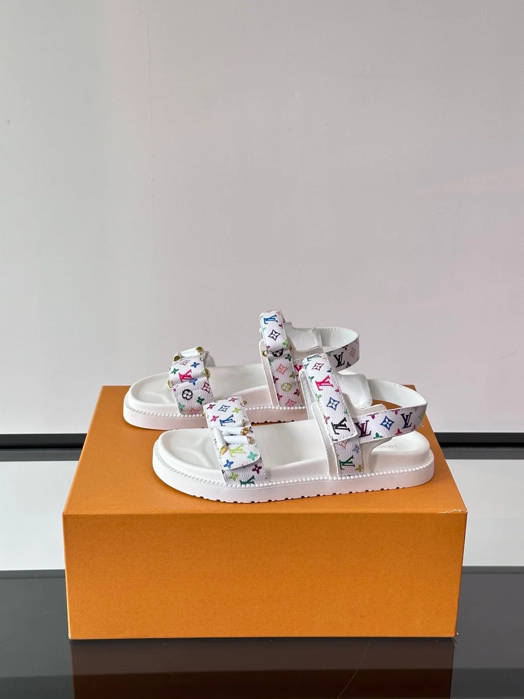 Louis Vuitton Men White Canvas Multicolor Logo Sandals product view 3