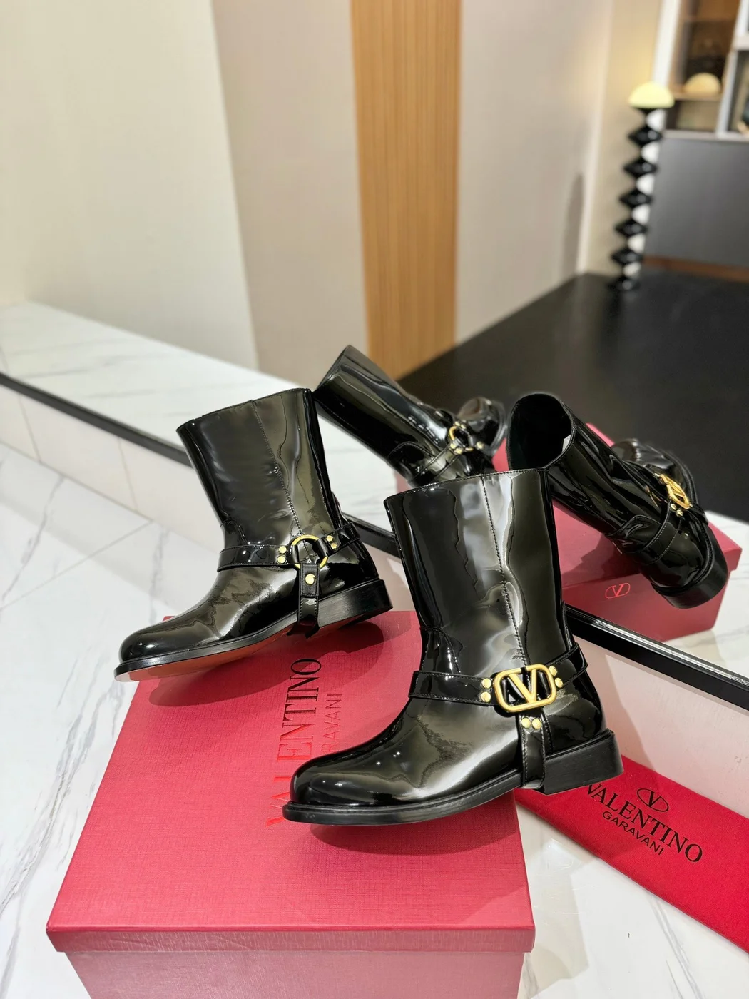 Valentino Women Black Patent Leather Boots — VLogo Ankle-Strap Style product view 6
