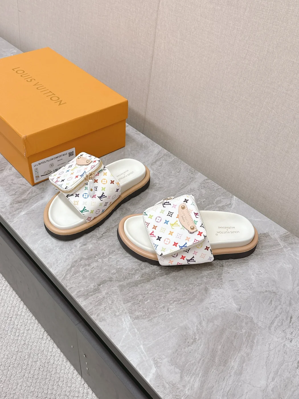 Louis Vuitton Women White Leather Multicolor Logo Mules product view 3