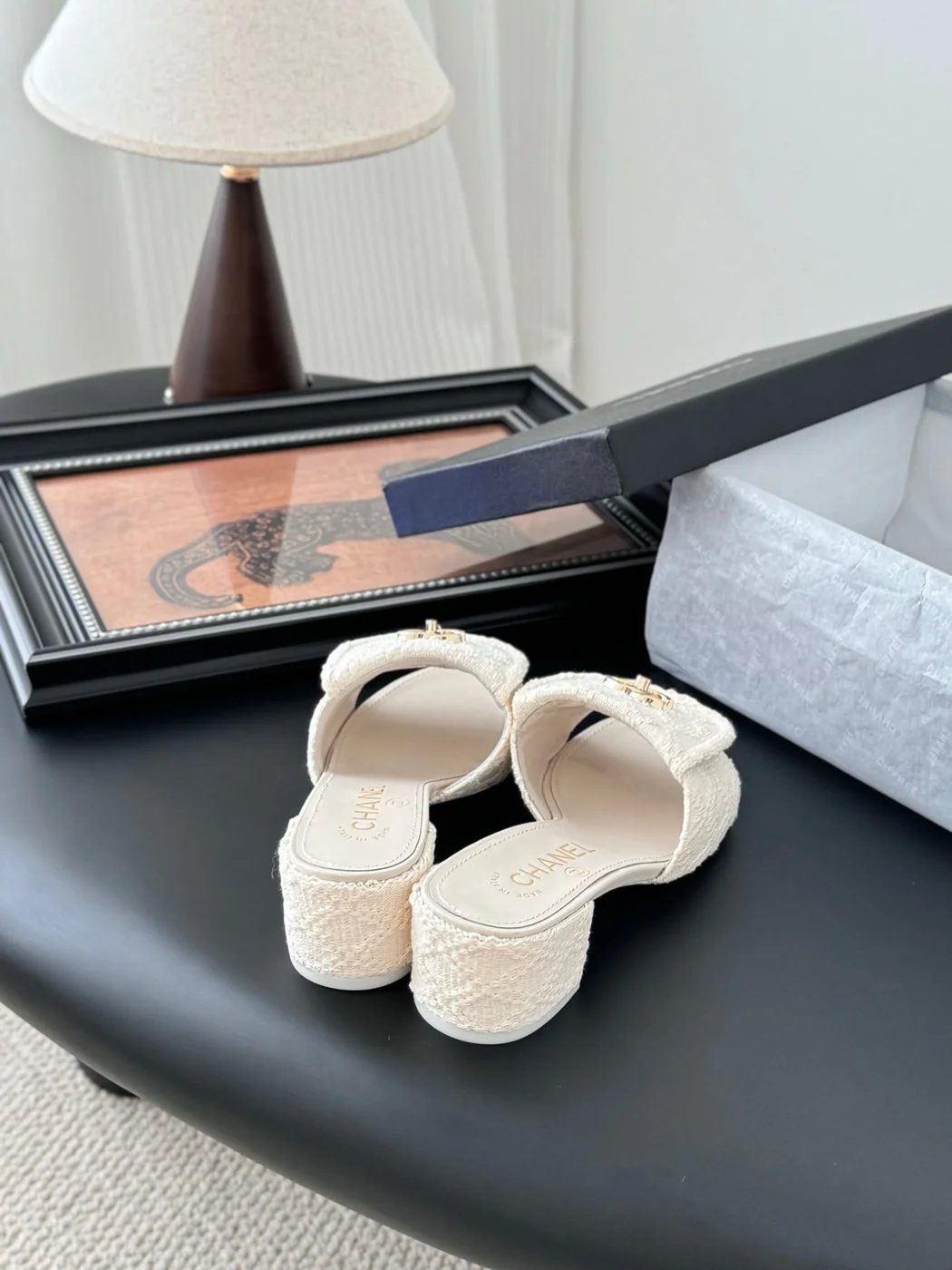 Chanel Women Cream Slides — Gold-Tone CC Detail product view 3