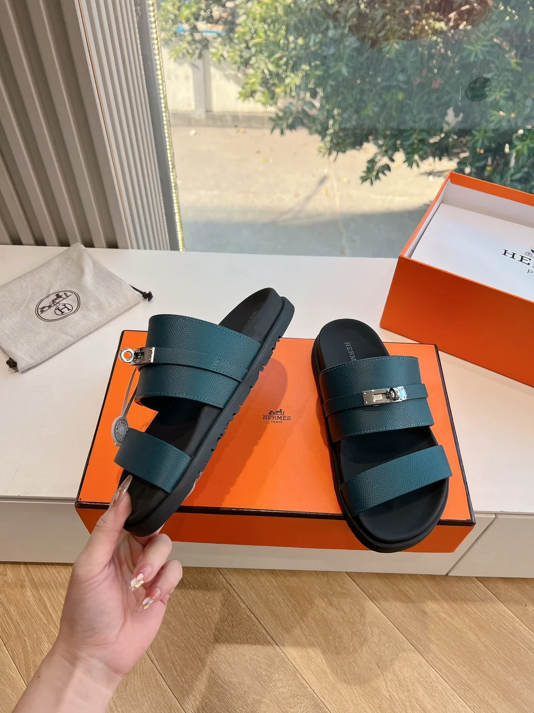 Hermès Women Green Sandals — Dark Teal Wide-Strap product view 6