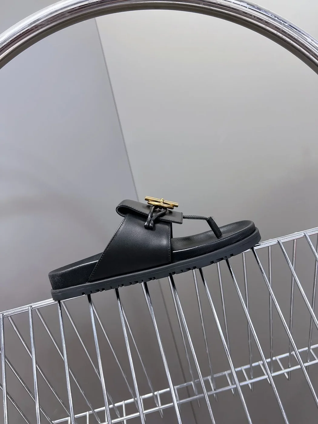 Hermès Women Black Leather Sandals — Gold-Tone Buckle Slides product view 6