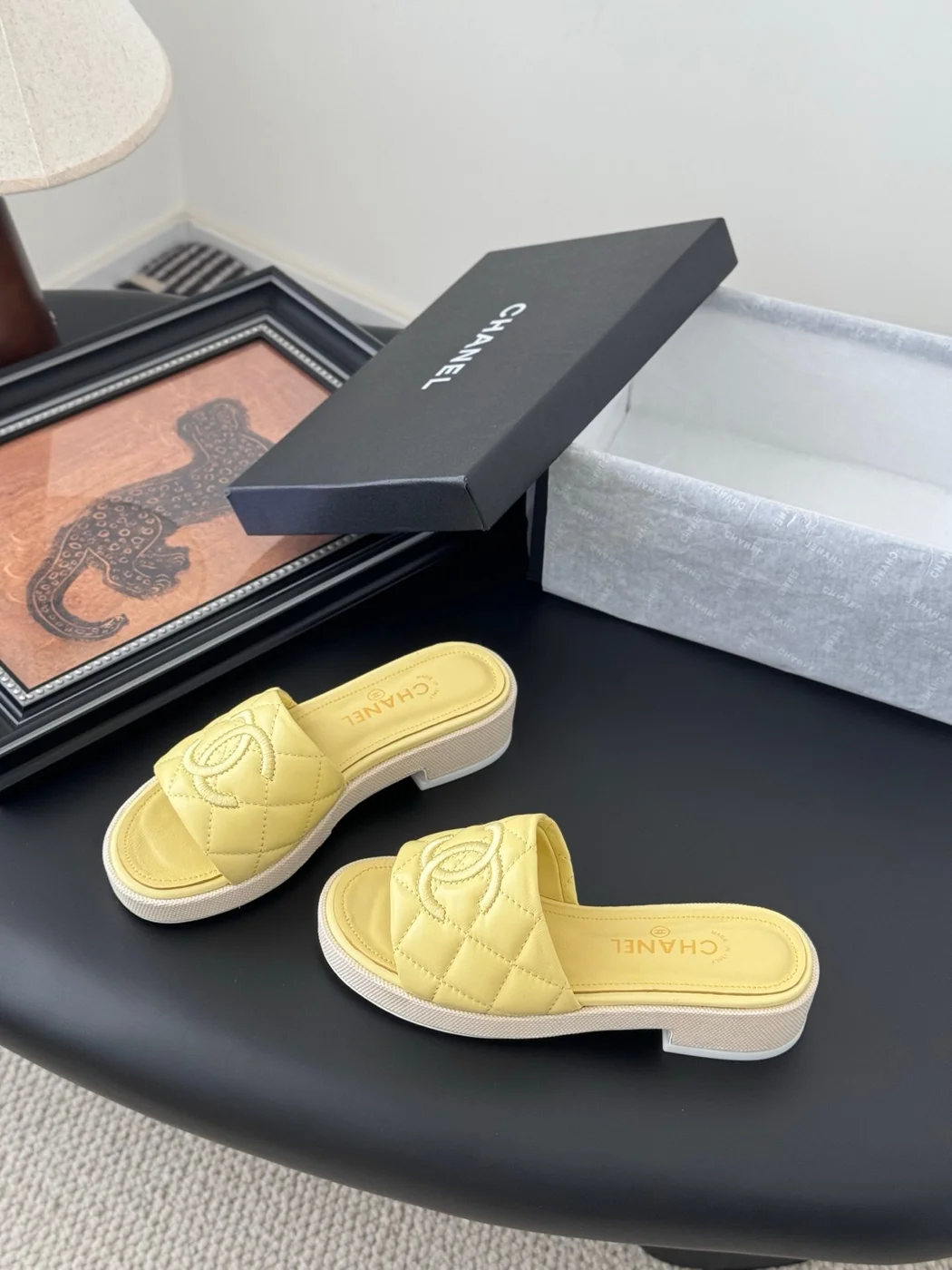 Chanel Women Yellow Quilted Leather Slides product view 2