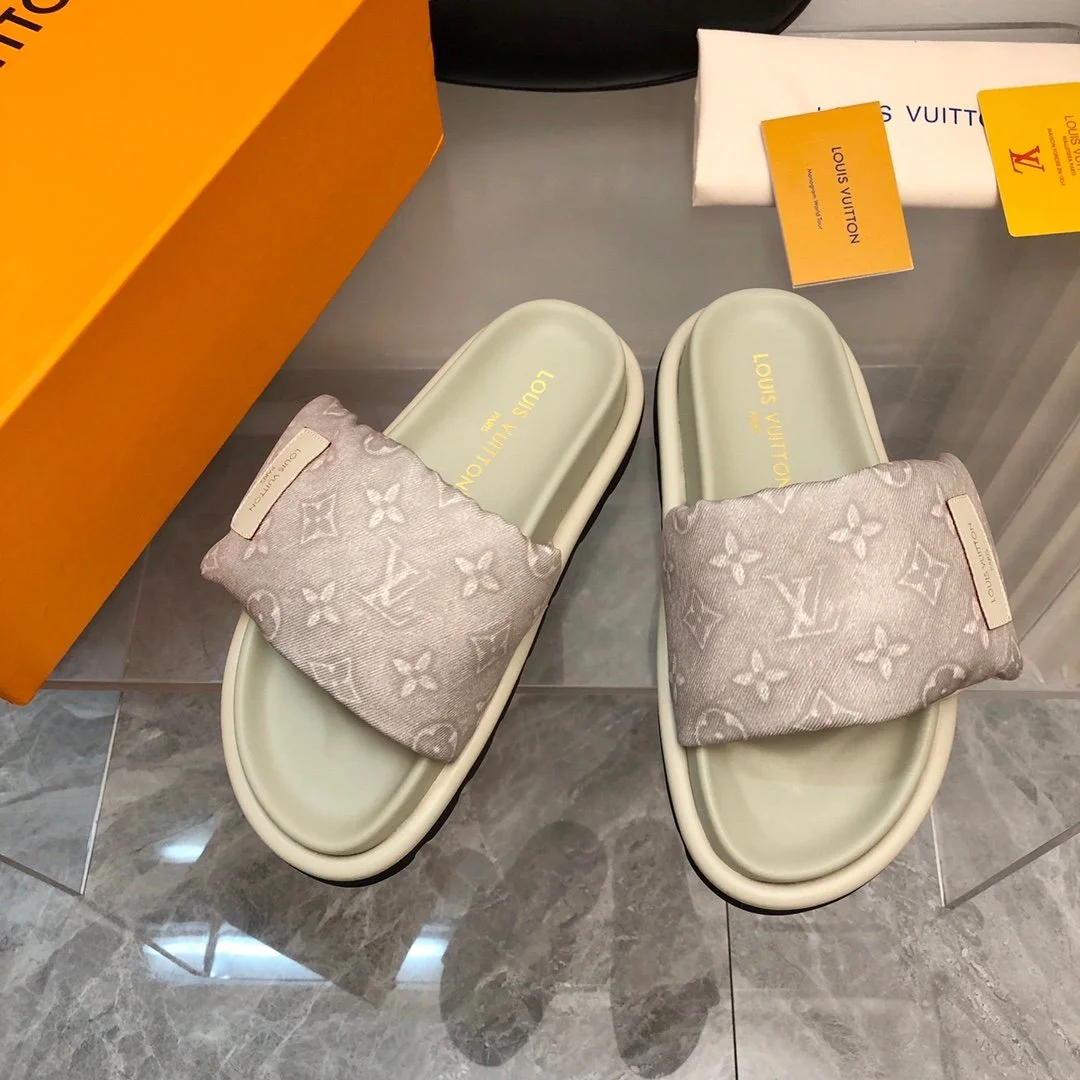 Louis Vuitton Women Light Gray Fabric Slides Sandals product view 1