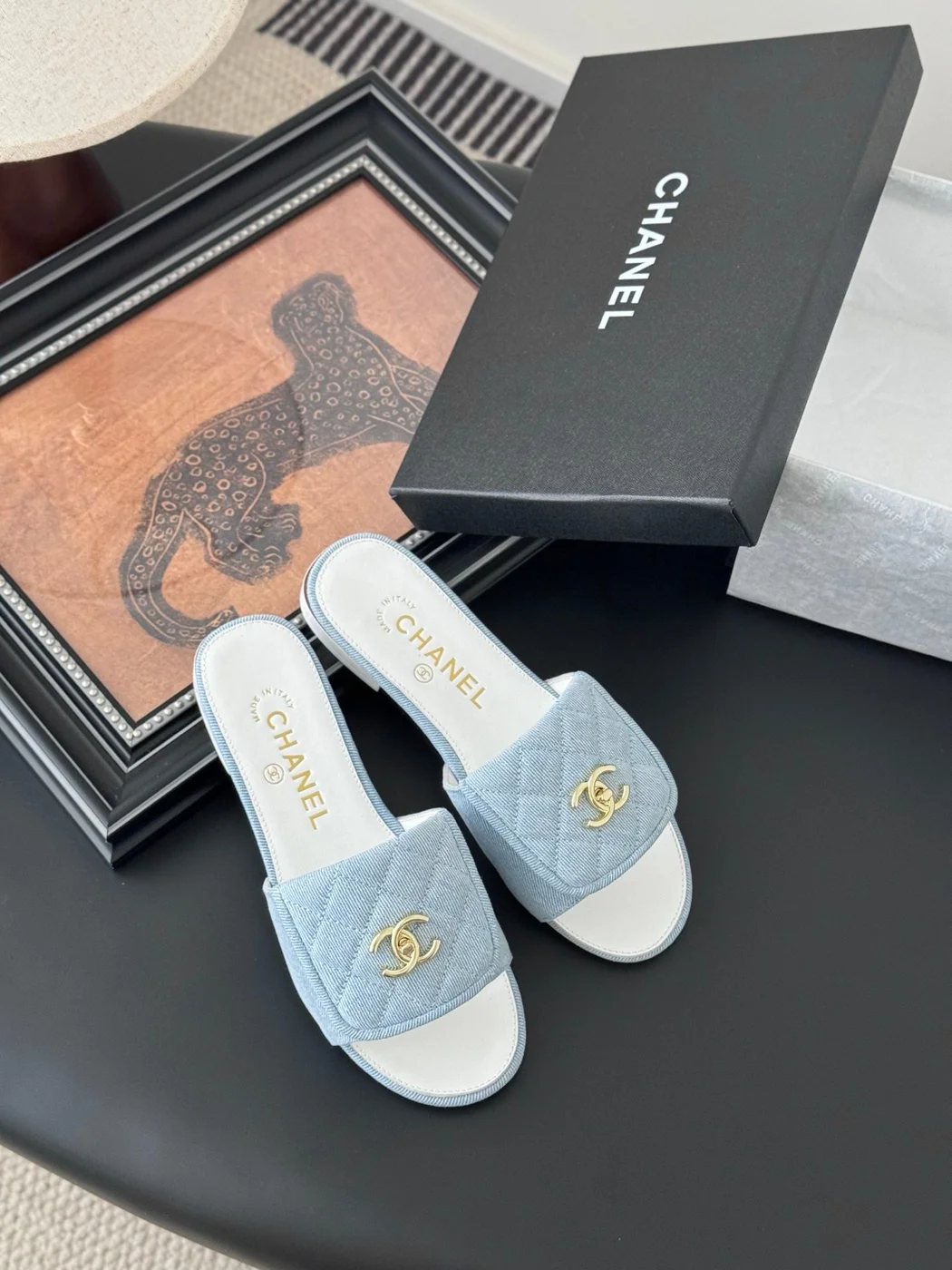 Chanel Women Quilted-Fabric Slides — Pale Blue and White product view 6
