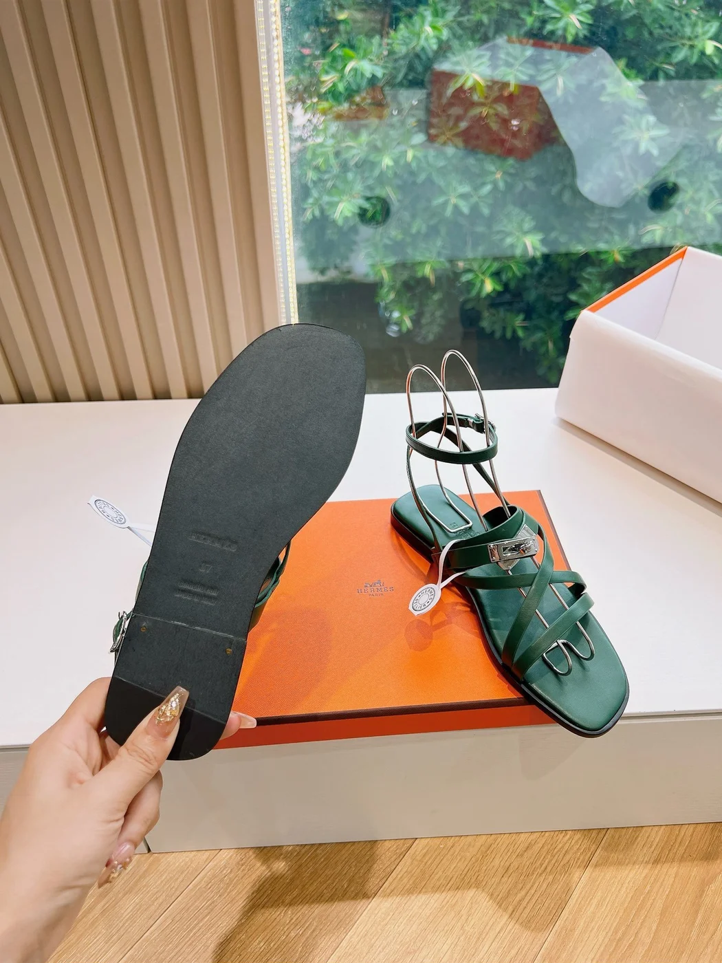 Hermès Women Green Sandals — Dark Green Link-Detail T-Strap product view 2
