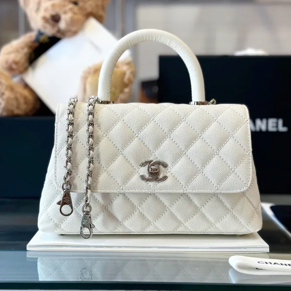 Chanel Coco Handbags Leather White With Silver Lock Woman’s 23 cm product photo