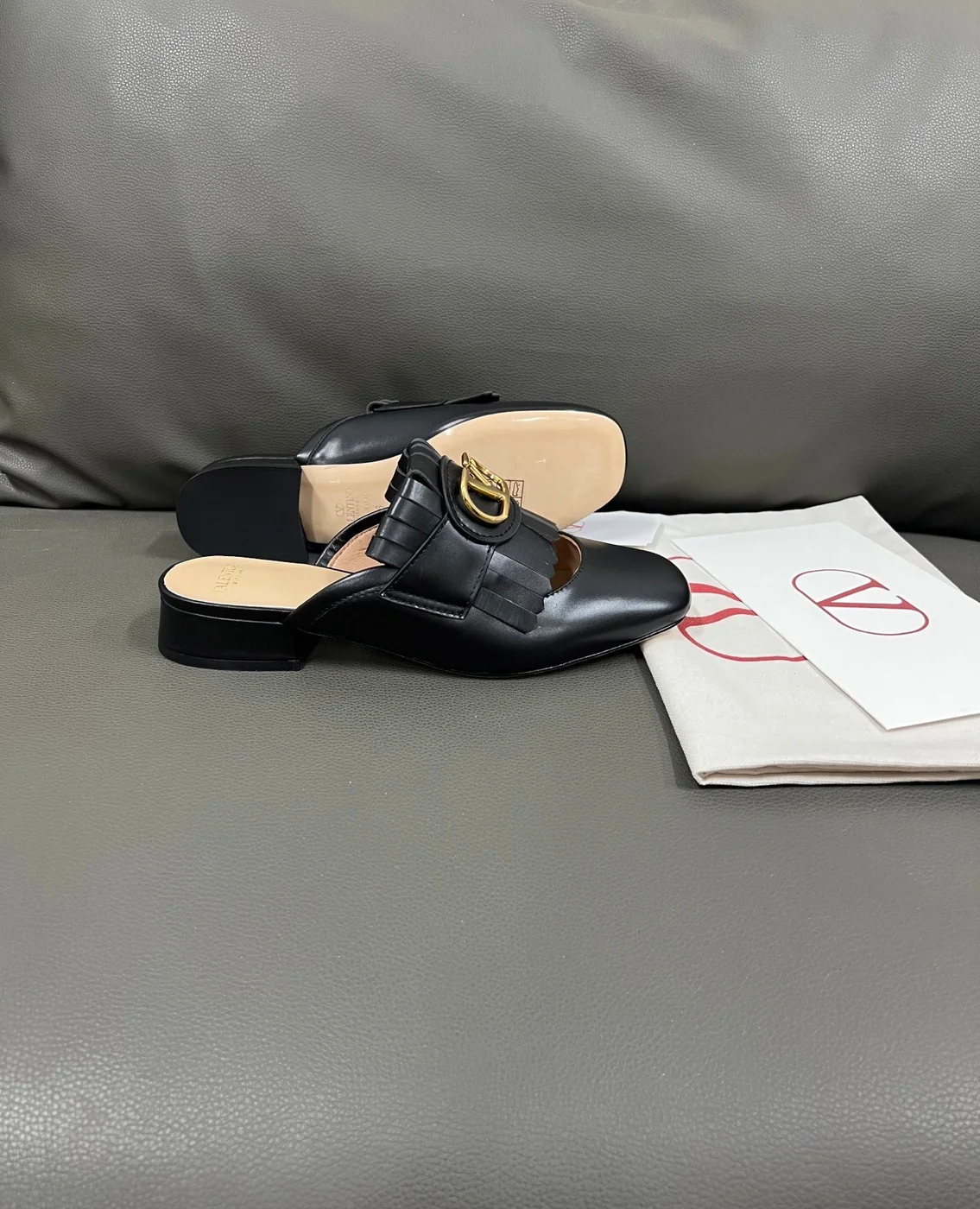 Valentino Women Black Leather Fringe Mules product view 6