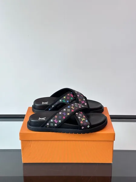 Louis Vuitton Men Black Multicolor Canvas Slides product photo