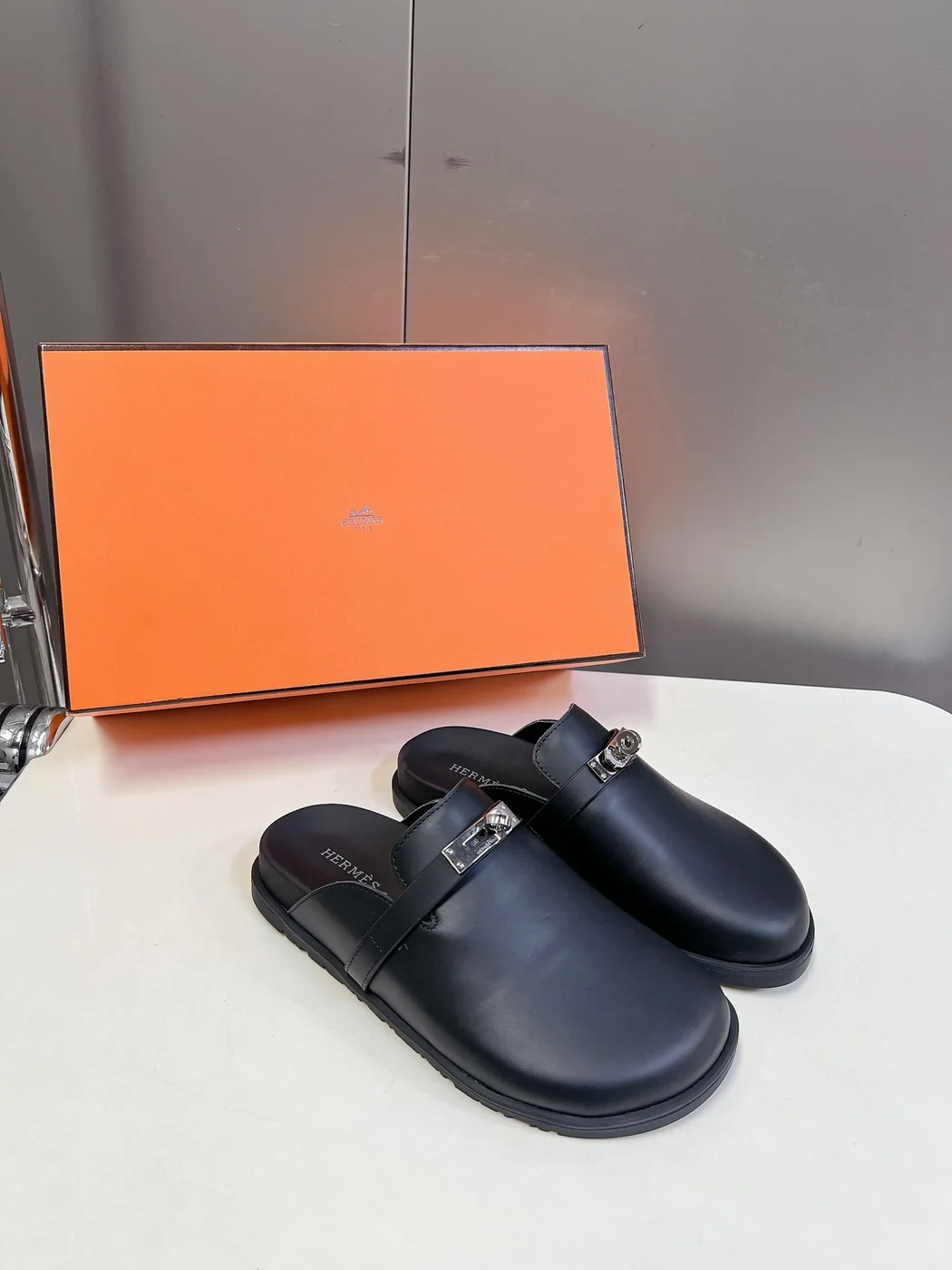 Hermès Women Black Leather Mules — Rounded Toe with Black Sole product view 5