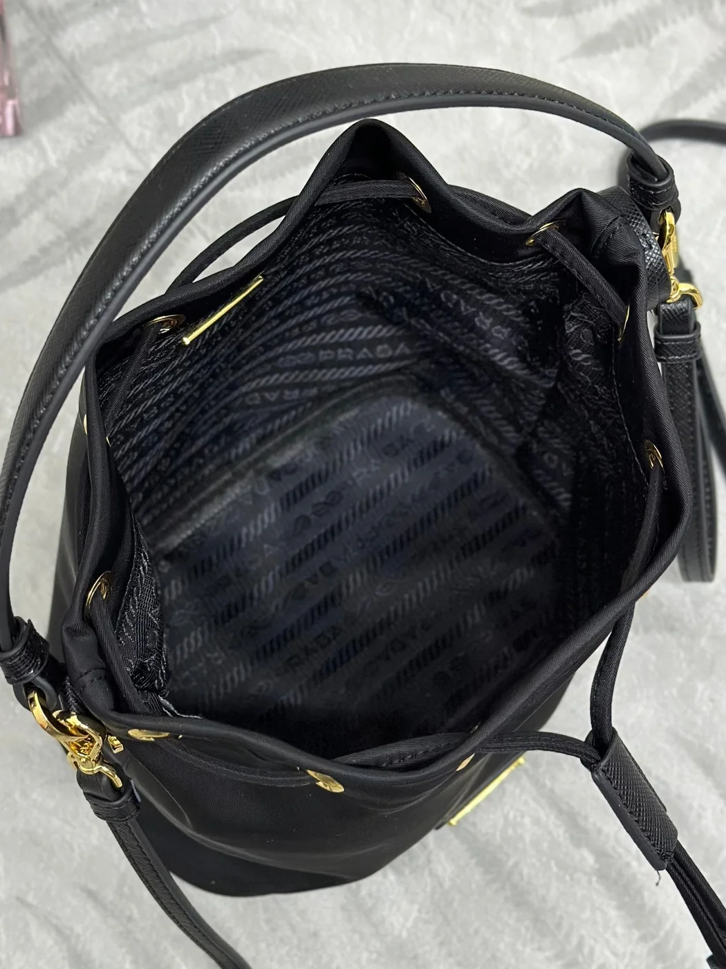 Prada Bucket Bag 19 In Black Re-Nylon And Calfskin Handle product view 3