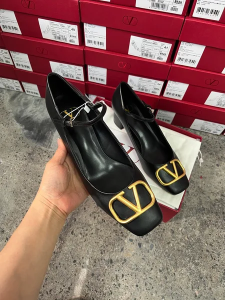 Valentino Women Black Mary Jane Heels with Gold-Tone VLogo Detail product photo