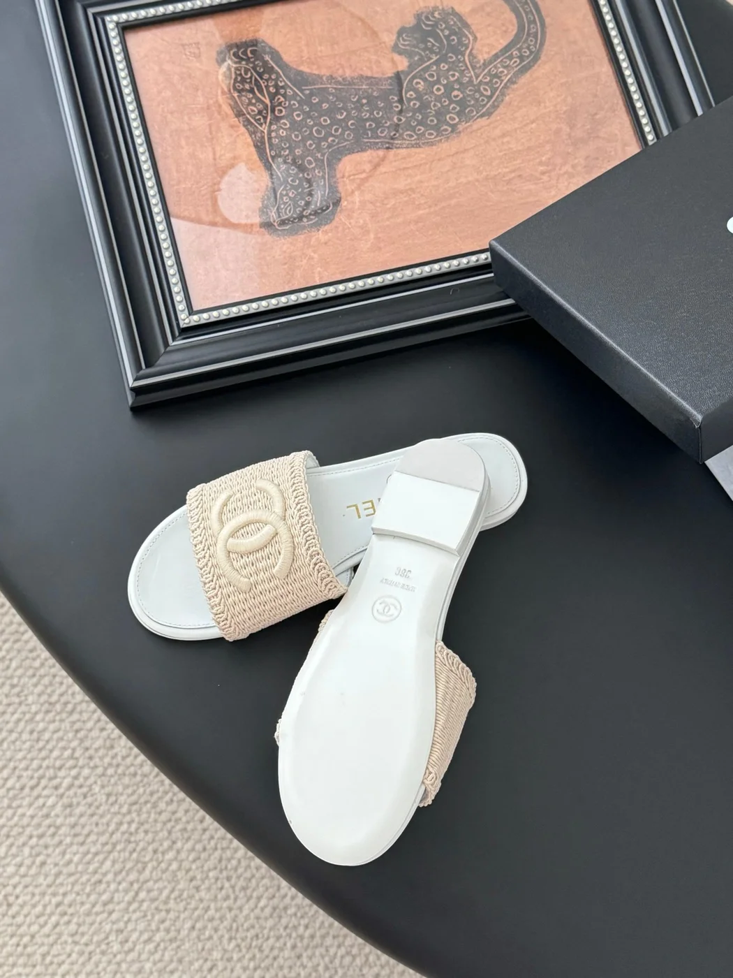 Chanel Women Woven-Fabric Slides — Beige with White Flat Sole product view 5