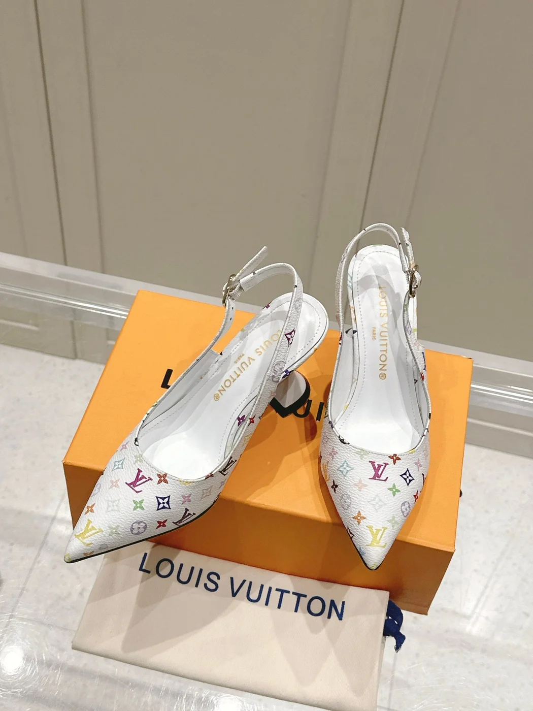 Louis Vuitton Women White Leather Multicolor Logo Heels product view 5