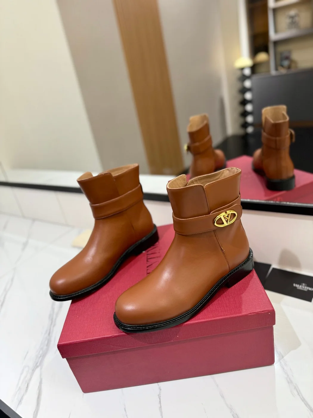 Valentino Women Brown Leather Ankle Boots — Low-Heel Chain-Cuff Style product view 3