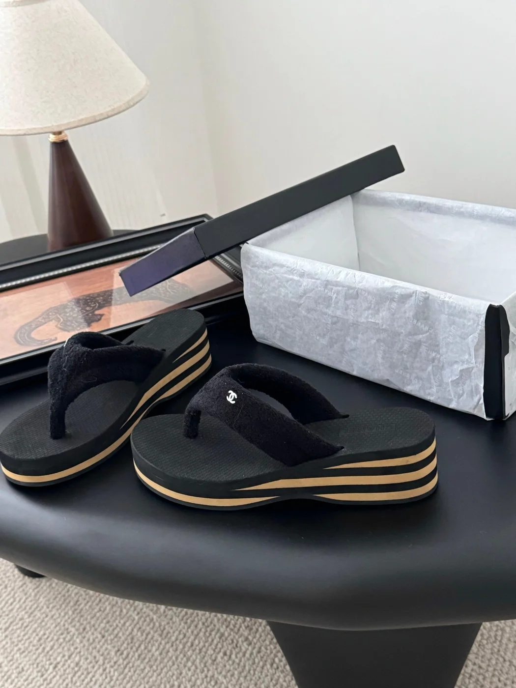 Chanel Women Black Fabric Strap Flip Flop Sandals product view 2