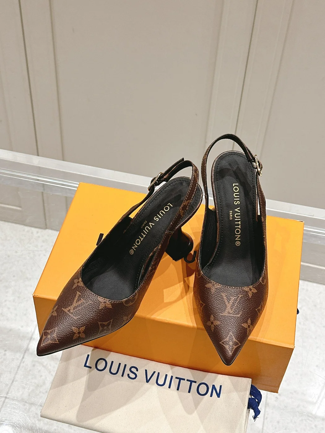 Louis Vuitton Women Brown Leather Patterned Slingback Heels product view 5