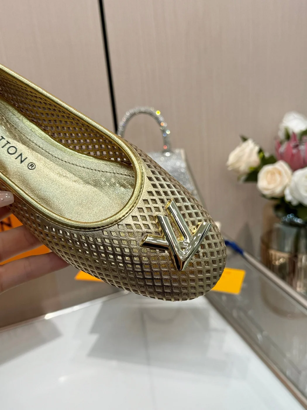Louis Vuitton Women Gold Metallic Mesh Ballet Flats product view 3