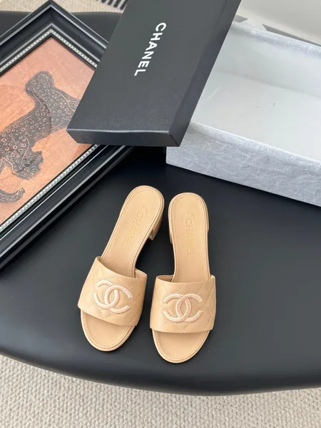 Chanel Women Beige Leather Quilted Slides product photo