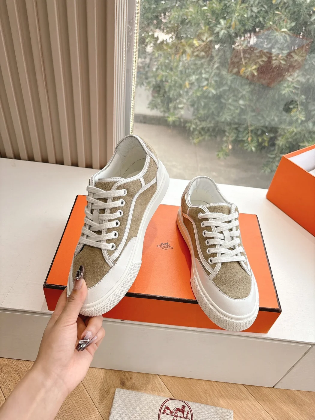 Hermès Women Beige Suede White Leather Sneakers product view 6