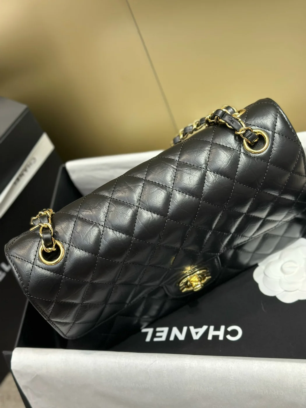 Chanel Classic Lock Gold With Black Wrinkled Skin Handbags 25 cm product view 6