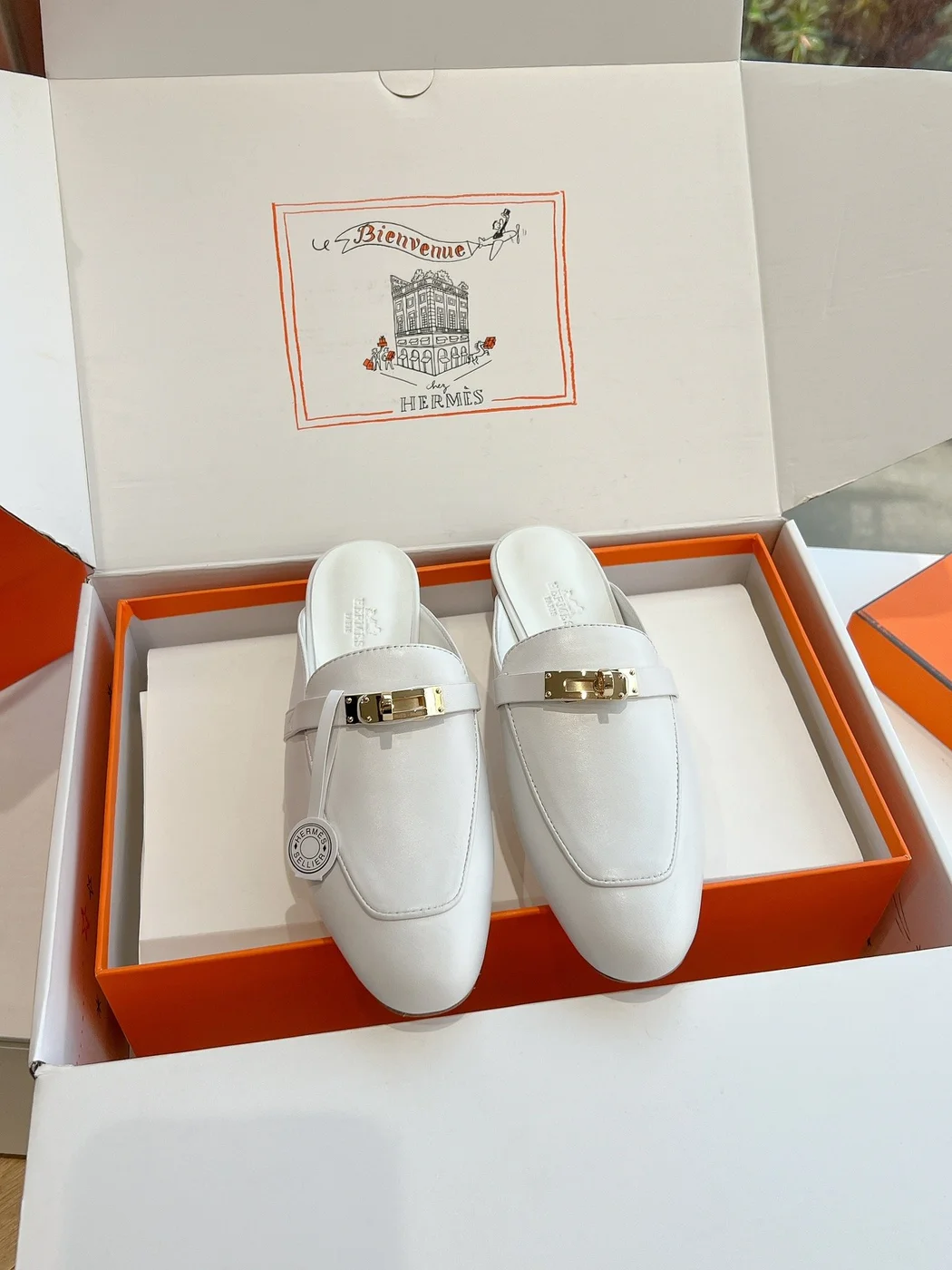 Hermès Women White Leather Mules — Metal-Bar Loafer Style product view 3
