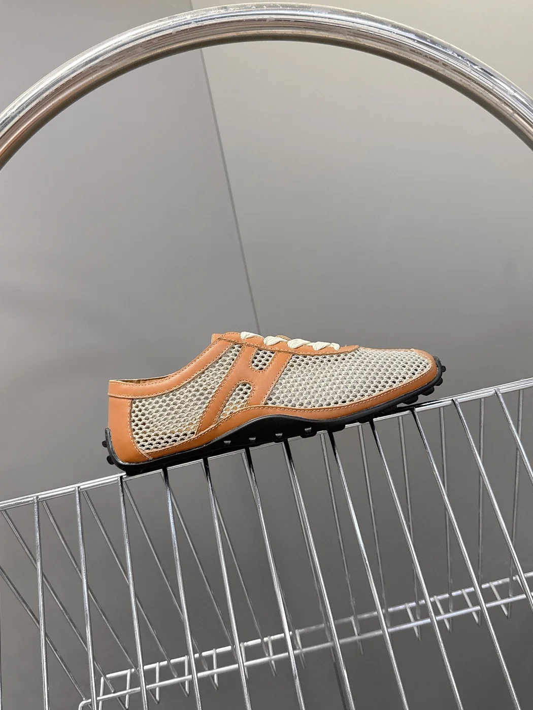 Hermès Women Beige Mesh And Tan Leather Sneakers product view 6