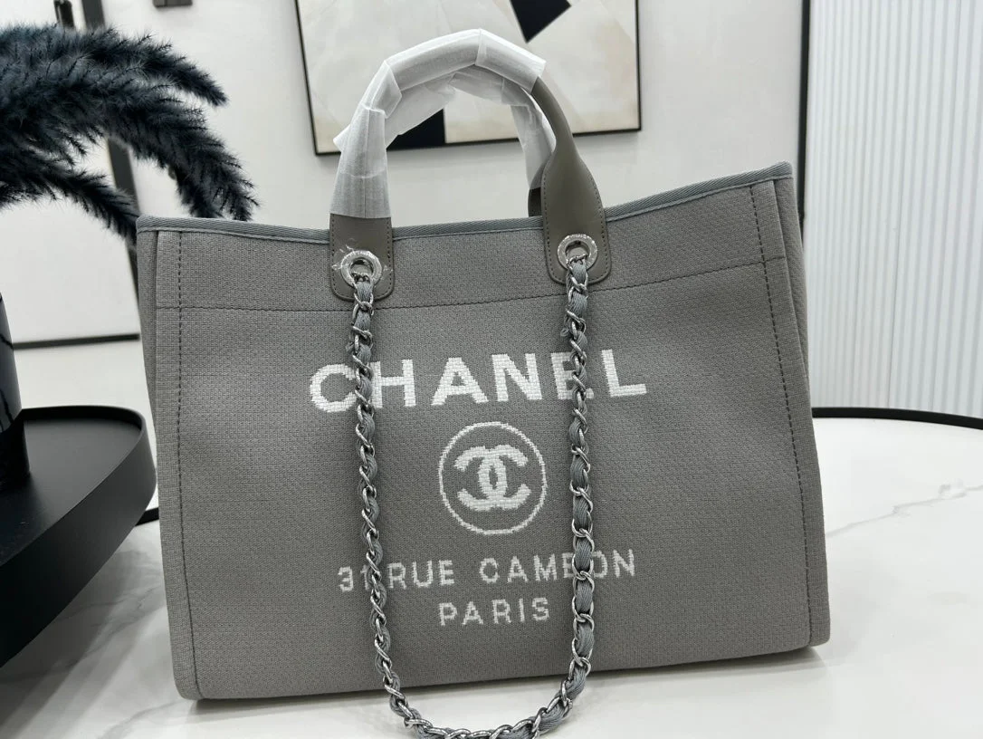 Chanel Cc Deauville Large 38 Tote Bag In Grey Canvas With White Logo product view 9