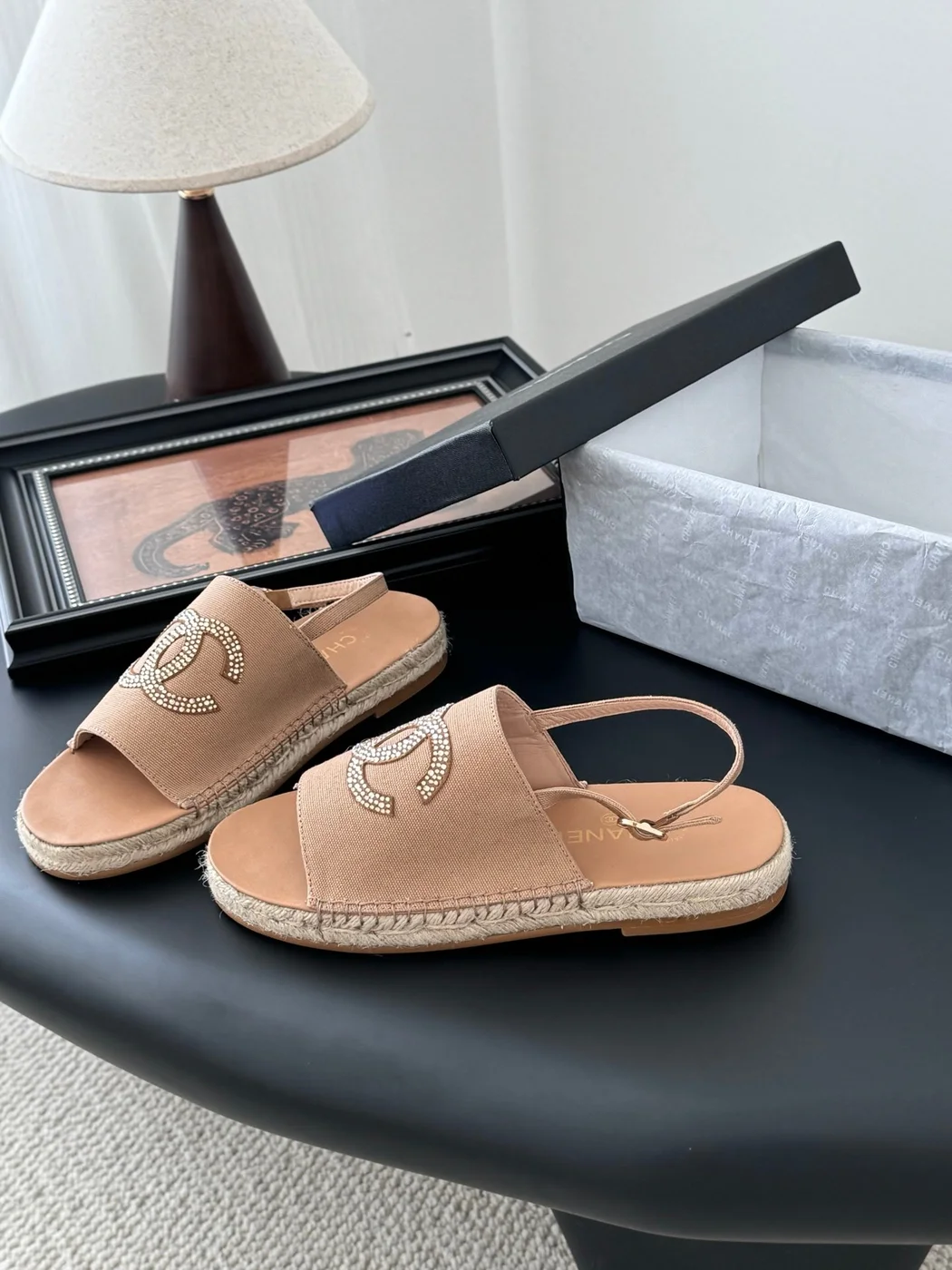 Chanel Women Beige Canvas Crystal Logo Sandals product view 2