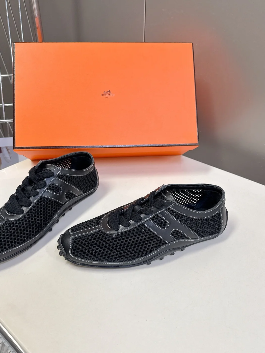 Hermès Women Black Mesh Leather Sneakers product view 4