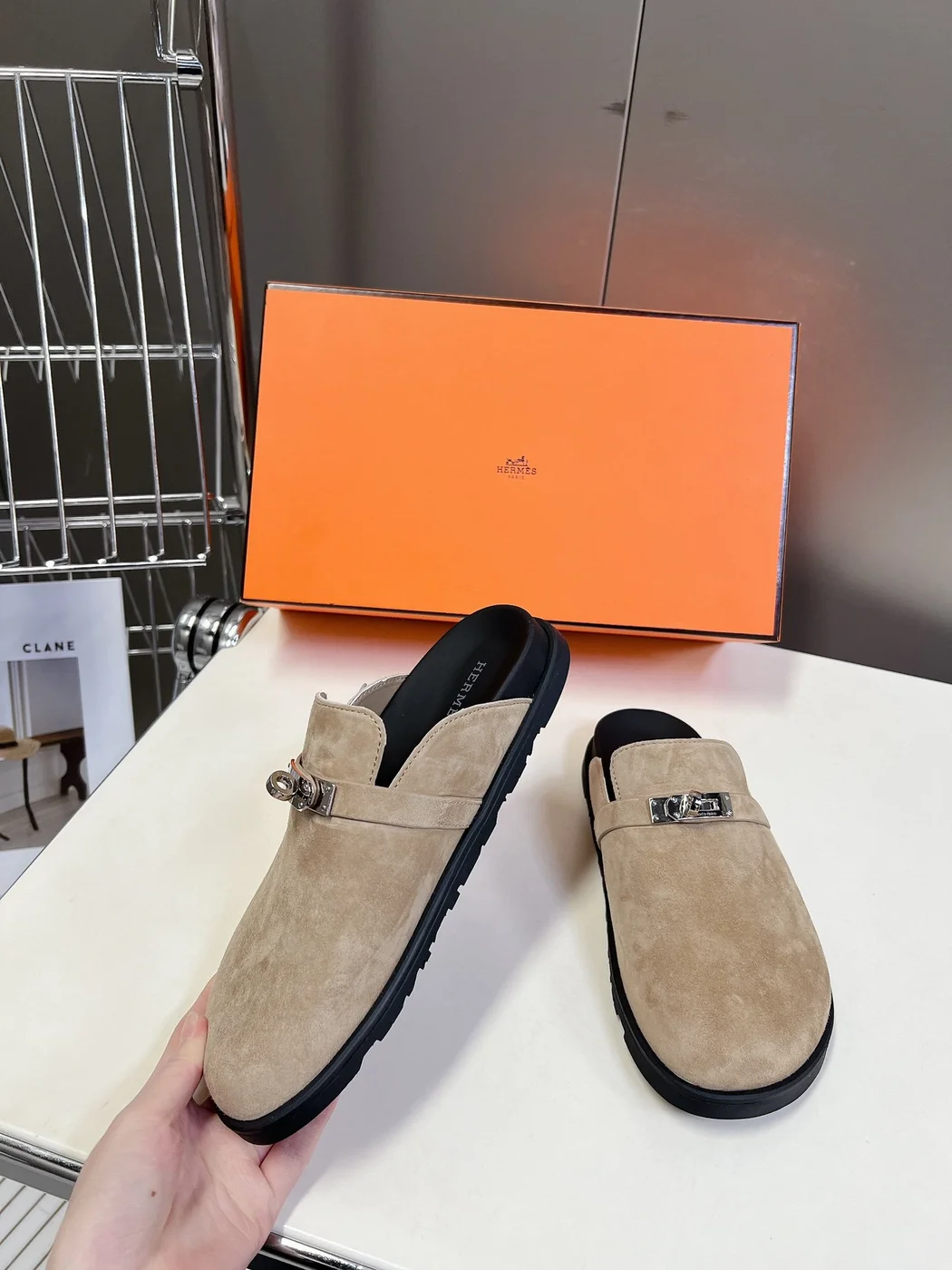 Hermès Women Beige Suede Mules — Rounded Toe with Black Sole product view 3