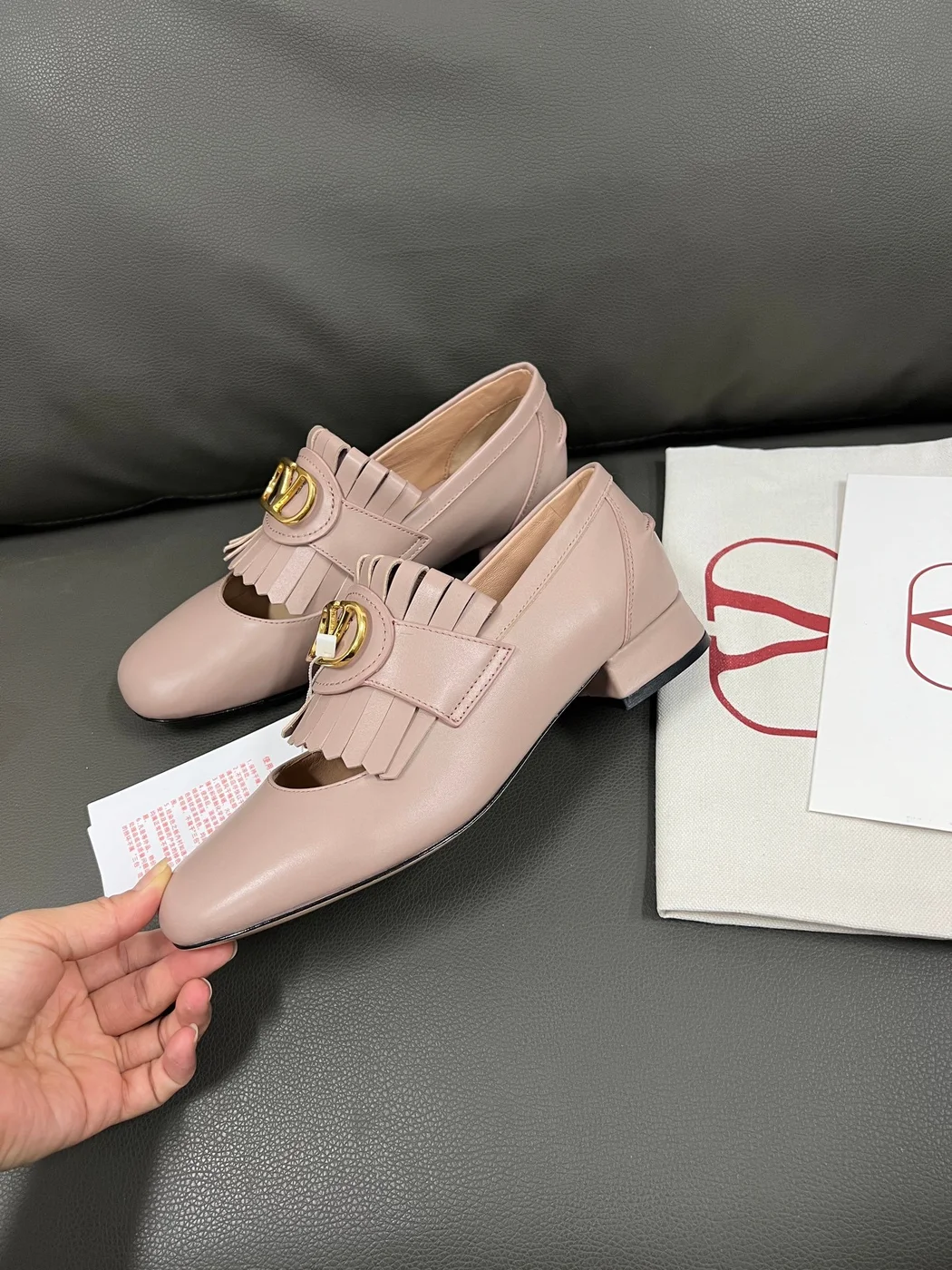 Valentino Women Blush Pink Leather Fringe Loafers product view 4