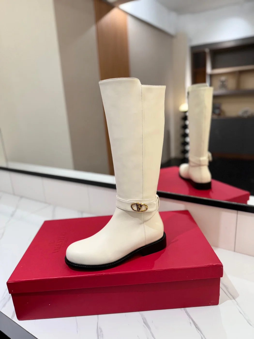 Valentino Women White Leather Knee High Boots — Ankle-Strap Detail product view 5