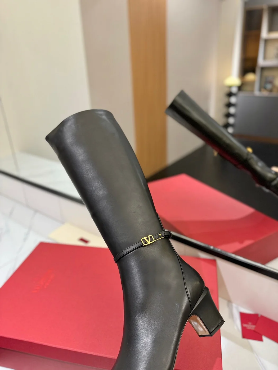 Valentino Women Black Leather Knee High Boots — Heeled Ankle-Strap Style product view 2