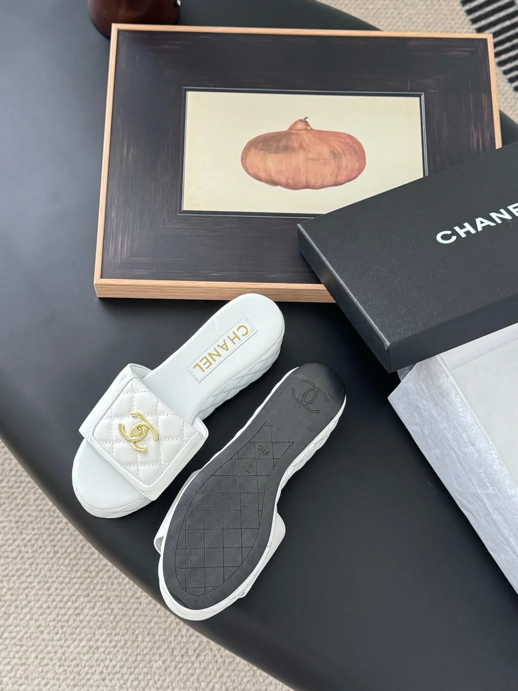 Chanel Women White Quilted Leather Slides — Gold-Tone CC Detail product view 5
